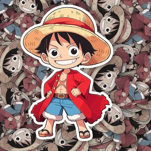 Ảnh Luffy phiên bản chibi phong cách sticker, áo đỏ nổi, nền nhiều biểu tượng tạo cảm giác vui nhộn.