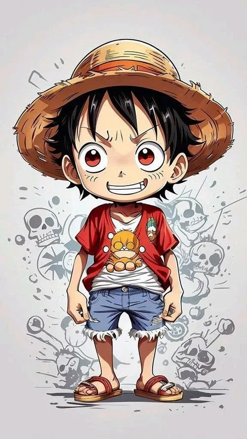 Hình Luffy chibi dáng đứng nhỏ xíu trên nền trắng, mắt to hiền, hợp làm avatar tối giản.