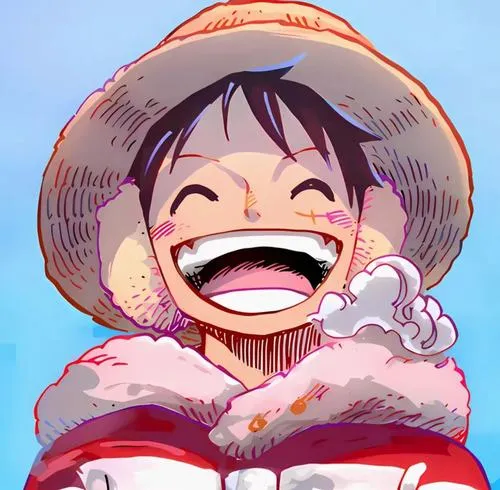 Ảnh Luffy phiên bản chibi cười lớn, quàng khăn bông, màu tím hồng dịu, hợp mood mùa lạnh.