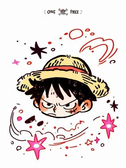 Ảnh fanart Luffy chibi vẽ nét doodle, sao và vòng xoáy quanh đầu, nhìn đáng yêu và vui mắt.