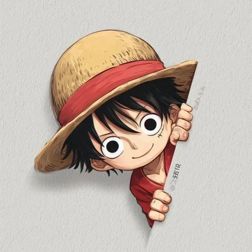 Hình Luffy đầu to thân nhỏ đang thò mặt từ mép khung, mũ rơm nghiêng, vibe tinh nghịch.
