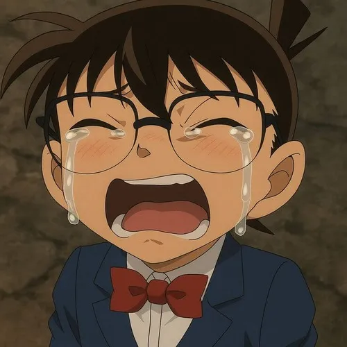 Hình meme hài Conan Edogawa khóc òa, phản ứng cạn lời trước drama vụ án.