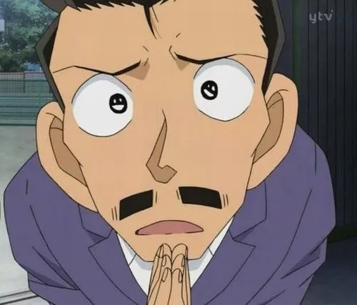 Hình meme hài Kogoro Mori đứng hình, đối chất giám định làm ông ta toát mồ hôi.