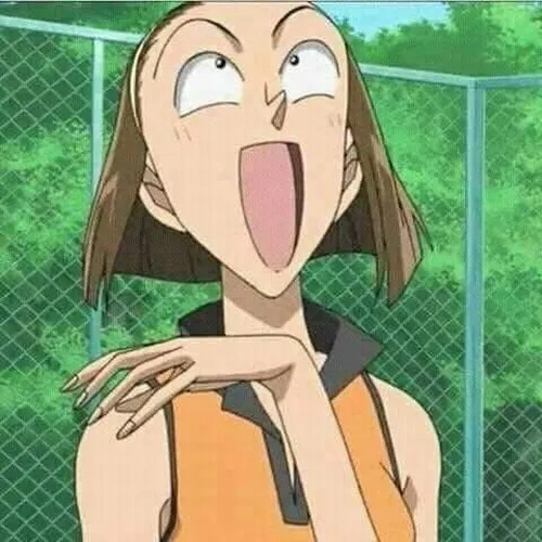 Hình meme hài Sonoko cười há miệng, không khí phá án căng mà buồn cười.