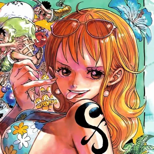 Minh họa Nami cười tinh nghịch, kính râm trên đầu, trang phục biển gợi cảm giác anime vui nhộn