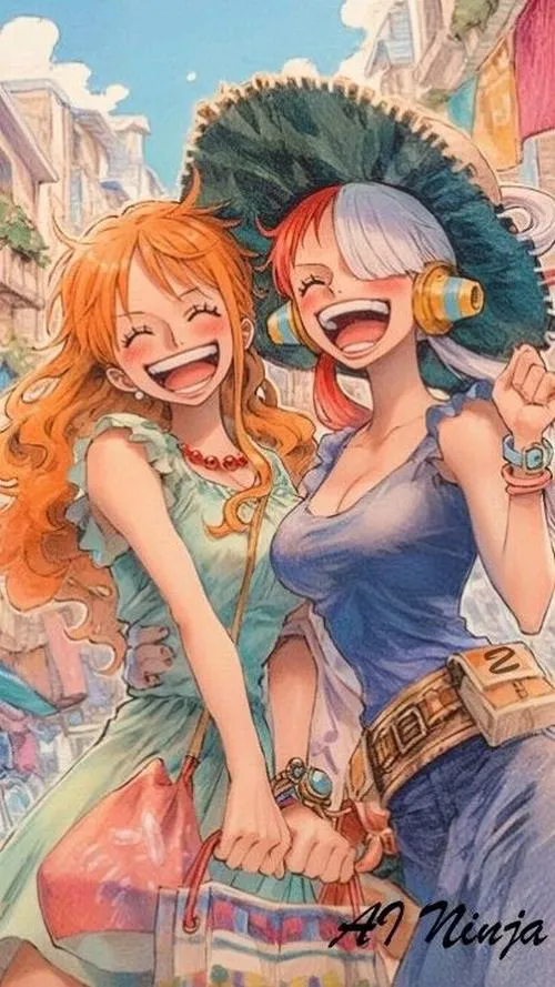 Ảnh Nami đi cùng bạn bè, phối áo hai dây và quần short, màu sắc tươi, hợp làm hình nền