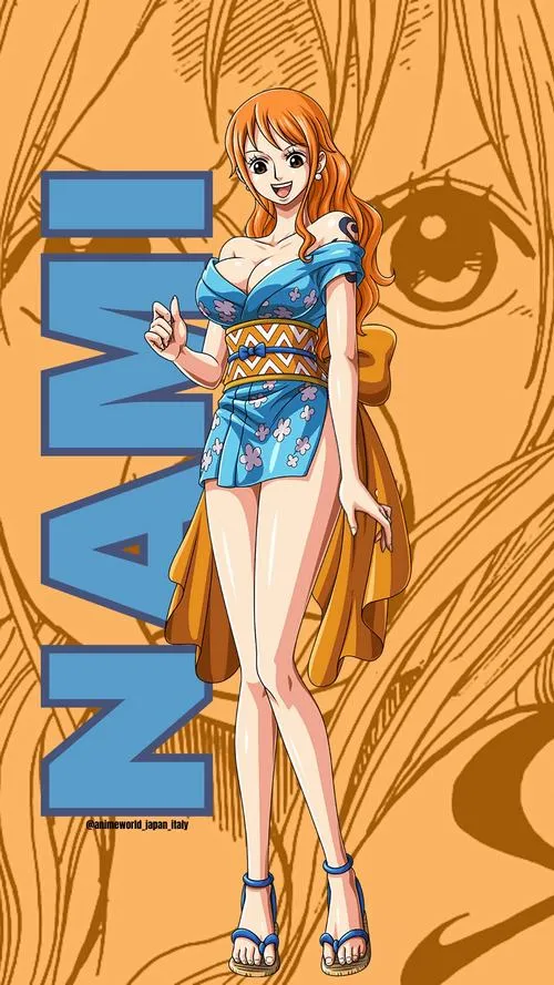 Ảnh Nami mặc áo khoác ngắn và quần short, đứng nghiêng dáng, màu nền cam tạo vẻ ngầu