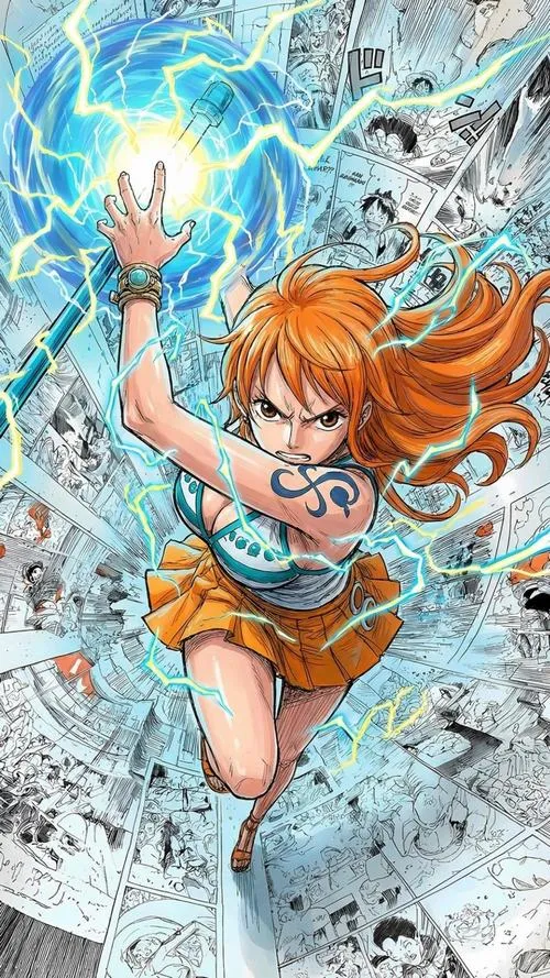 Ảnh Nami trong đồ bơi hai mảnh xanh, hiệu ứng sóng nước và tia sét nhìn rất 4K