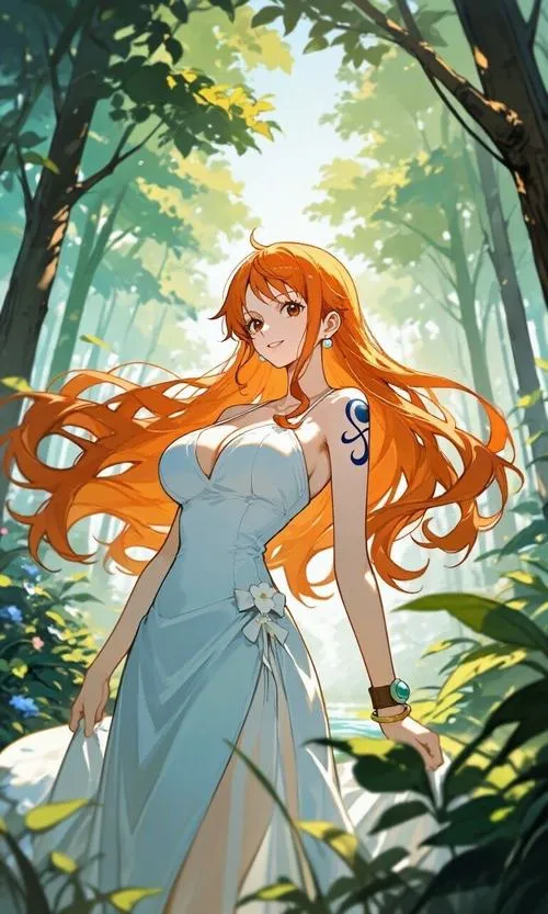Ảnh Nami mặc váy dài trắng, đứng giữa rừng nắng loang, cảm giác trong trẻo kiểu anime