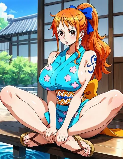 Khung hình Nami diện váy ngắn xanh, ngồi xếp chân gọn, chi tiết tóc và hình xăm rất rõ