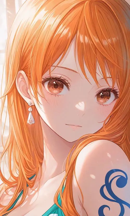 Ảnh Nami cận mặt với vai trần, đường nét mềm và sáng, hợp làm avatar nhẹ nhàng dễ nhìn