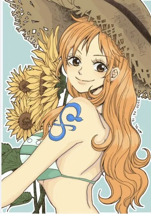 Minh họa Nami mặc áo quây sáng màu, tóc dài hơi xoăn, bối cảnh vàng nhạt tạo cảm giác đẹp