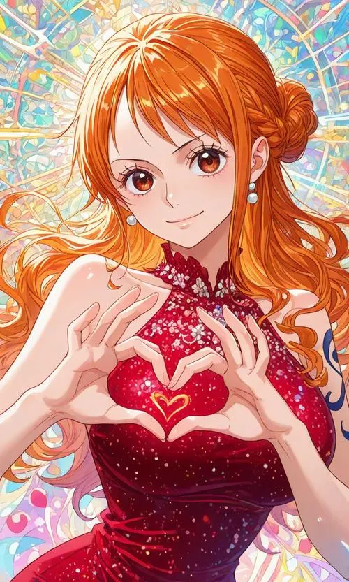 Hình Nami mặc váy đỏ ôm dáng, tóc cam nổi bật, hợp làm ảnh bìa sang chảnh