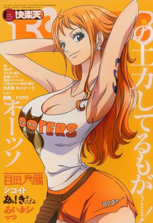 Ảnh Nami đứng trước nền trời xanh, tóc cam bay nhẹ, ánh nhìn như đang đọc hướng gió