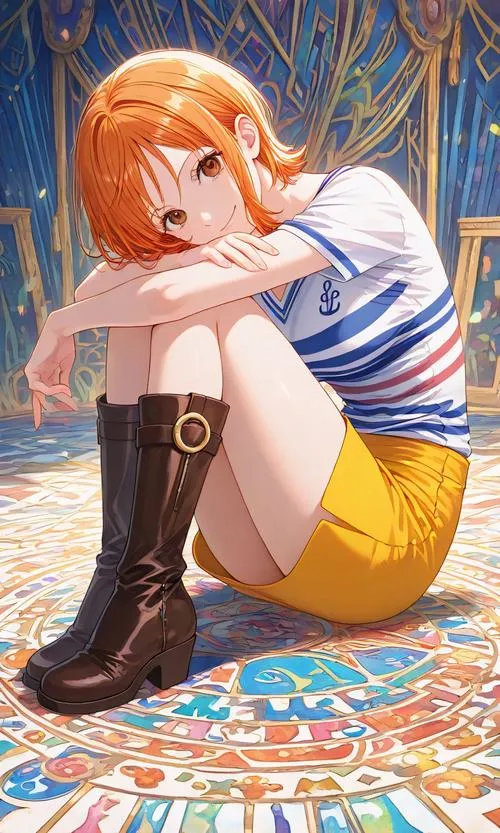 Ảnh Nami áo kẻ và váy ngắn vàng, ngồi co gối trên sàn, vibe anime nhẹ nhàng