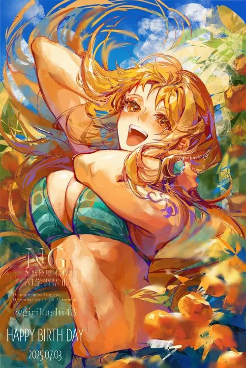 Ảnh fanart Nami mặc bikini xanh lá, tạo dáng xoay người năng động, cảm giác ngầu mà vẫn tươi