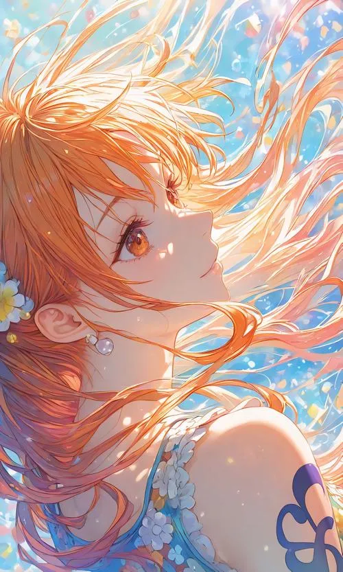 Ảnh Nami cận mặt dưới nắng biển, vai trần và tóc bay, hợp làm avatar sáng sủa