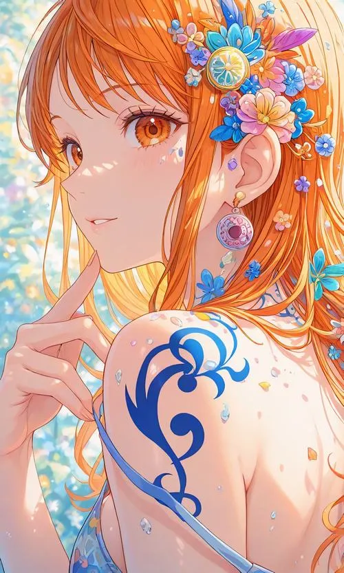 Hình nền Nami khoe hình xăm bắp tay, đồ bơi mảnh và hoa cài tóc, màu cam xanh dịu mắt