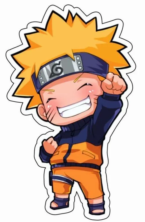 Sticker Naruto chibi kiểu sticker giơ tay chào, cười tít mắt, áo cam sáng, viền nét gọn