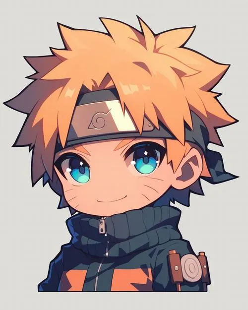 Ảnh Fanart Naruto kiểu đầu to thân nhỏ, mắt xanh sâu, khăn cổ sẫm, vẻ trầm, nét vẽ sạch