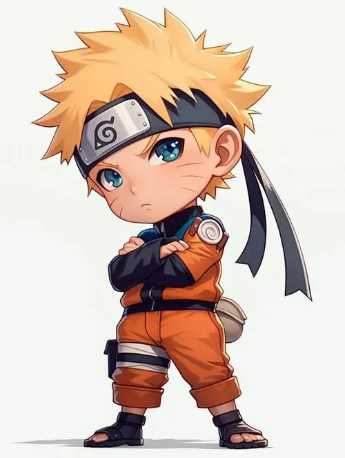 Hình đẹp Naruto chibi đứng nghiêng chuẩn bị lao tới, áo cam gọn, băng trán chắc, mắt kiên định