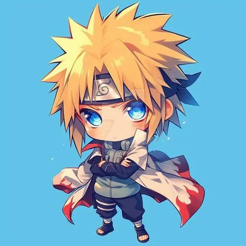 Ảnh ngầu Minato chibi nền xanh, tóc vàng dựng, tay kéo dải vải, dáng tự tin