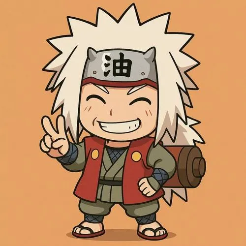 Ảnh 4K Jiraiya chibi cười lớn, giơ dấu tay, trán ghi dầu, áo đỏ, vibe hào sảng