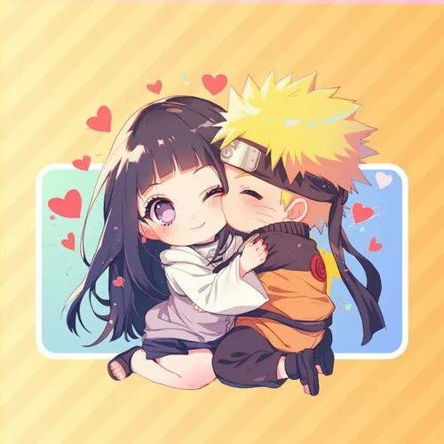 Hình anime Naruto Hinata phiên bản tí hon ôm nhau, má ửng, nền tim bay, cảm giác ngọt ngào