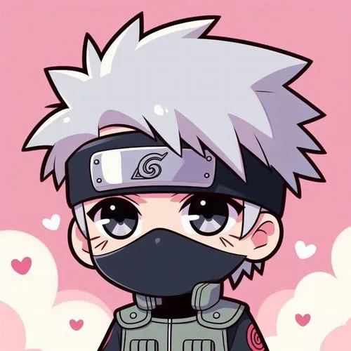 Avatar Kakashi phiên bản đầu to thân nhỏ, mắt cười sau khẩu trang, nền hồng tim nhỏ, dịu dàng