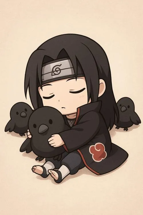 Hình đẹp Itachi chibi ngồi ôm thú nhỏ, mắt nhắm bình yên, áo tối, không khí trầm lắng nhẹ