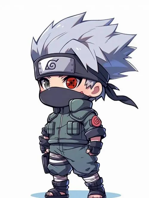 Ảnh ngầu Kakashi Sharingan đầu to thân nhỏ, giáp tối màu, khẩu trang kín, tóc bạc dựng, đứng canh gác