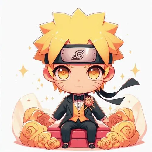 Ảnh 4K Naruto chibi ngồi giữa đồ trang trí ấm, mắt nghiêm nhẹ, áo cam nổi, nền sáng