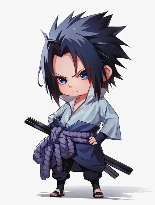 Hình anime Sasuke chibi cầm kiếm, áo xanh xám, tóc đen nhọn, dáng sẵn sàng giao đấu