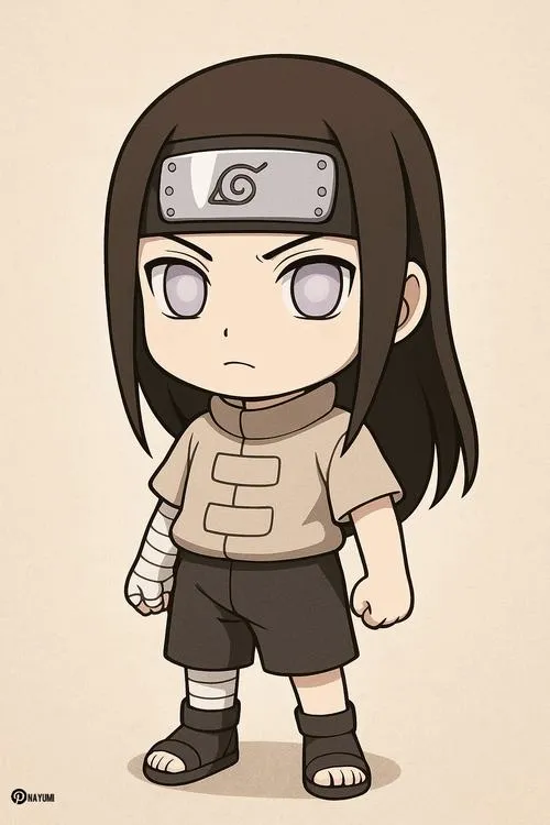 Avatar Neji kiểu đầu to thân nhỏ, áo be đơn giản, băng trán rõ, ánh nhìn tập trung, đứng yên