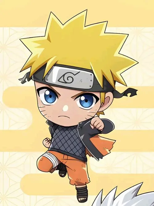 Hình Naruto chibi chạy nhanh, áo cam nổi bật, băng trán Làng Lá, ánh mắt quyết tâm rõ