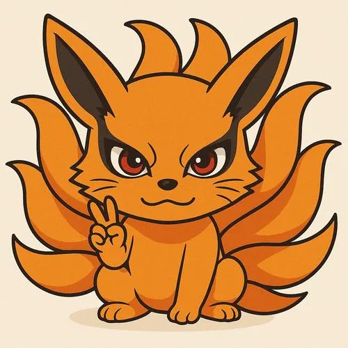 Ảnh Kurama phiên bản tí hon, chín đuôi xòe rộng, mặt hớn hở tinh nghịch, màu cam rực
