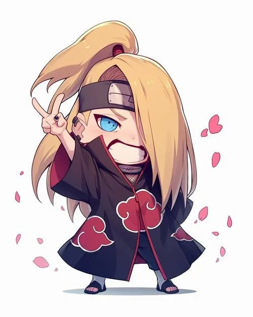 Hình Deidara chibi khoác áo Akatsuki, tóc vàng dài, nháy mắt, tay tạo dáng, tim bay nhẹ