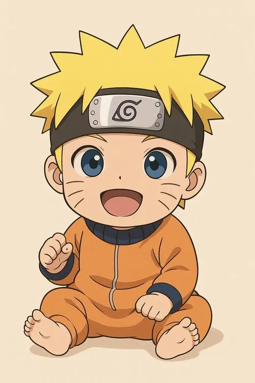 Ảnh Fanart Naruto đầu to thân nhỏ ngồi bệt, hai tay nắm lại, mắt tròn ngơ ngác đáng yêu