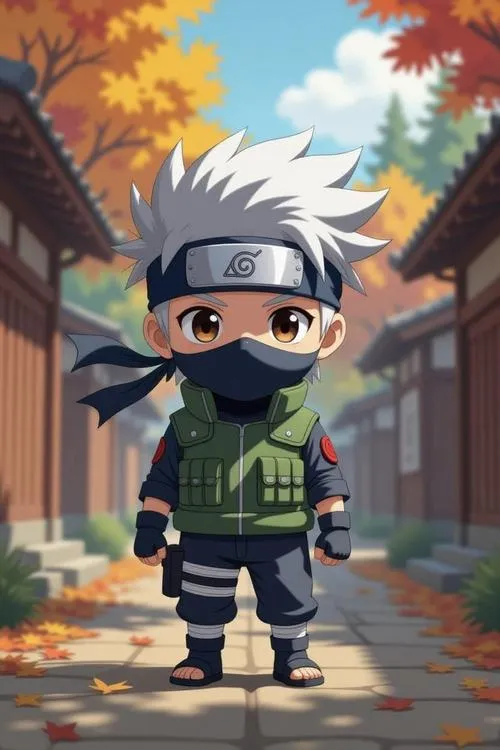 Ảnh ngầu Kakashi dạng tí hon đứng giữa phố lá thu, che mặt, ánh nhìn lạnh, dáng bình thản