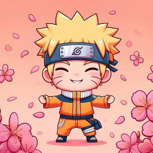 Ảnh 4K Naruto chibi cười nhắm mắt, má hồng nhẹ, hoa rơi quanh nền hồng, vibe vui vẻ