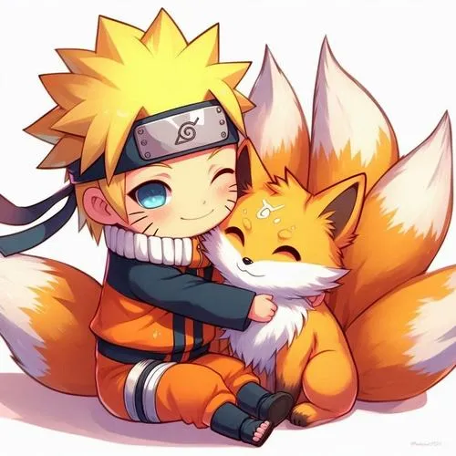 Ảnh bìa Naruto chibi ôm Kurama, chín đuôi phủ quanh, nét vẽ mềm, cảm giác ấm áp
