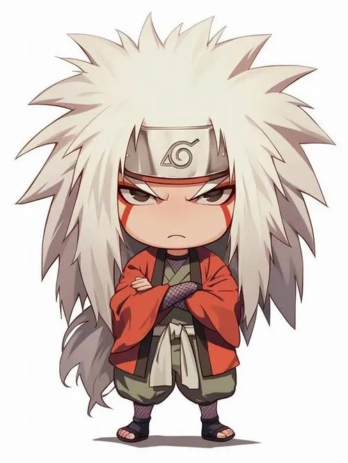 Avatar Jiraiya kiểu đầu to thân nhỏ, tóc trắng xù, mặc áo đỏ, cười tự tin, tay tạo dấu
