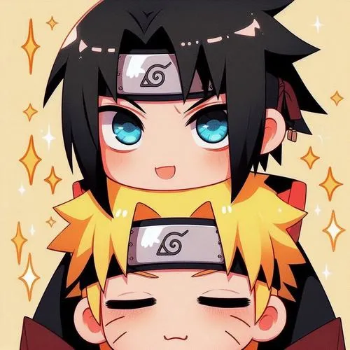 Hình Naruto và Sasuke chibi cận mặt lấp lánh, băng trán sáng, mắt xanh long lanh, nền sao nổi bật