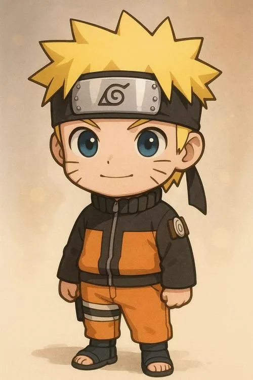 Ảnh Naruto phiên bản tí hon đứng thẳng, áo cam đen gọn, biểu cảm nghiêm, nền kem sạch