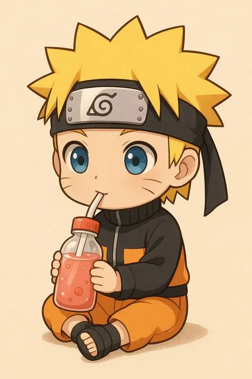 Hình nền Naruto chibi ngồi uống ly nhỏ, mắt to chăm chú, băng trán ngay ngắn, vibe thư giãn