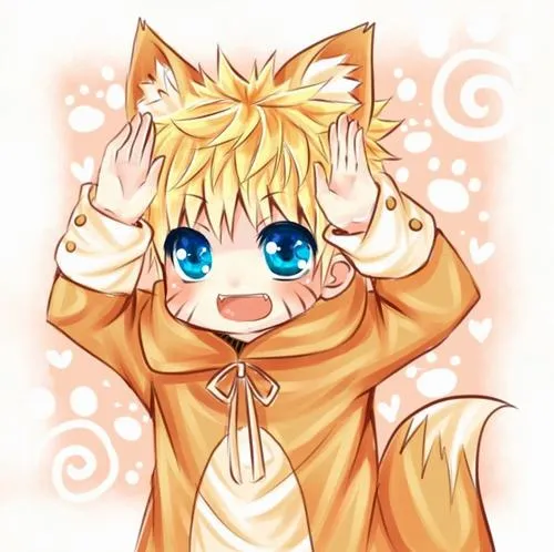 Ảnh Fanart Naruto dạng kigurumi cáo, tai dựng, hai tay giơ lên, ánh mắt long lanh, nền pastel