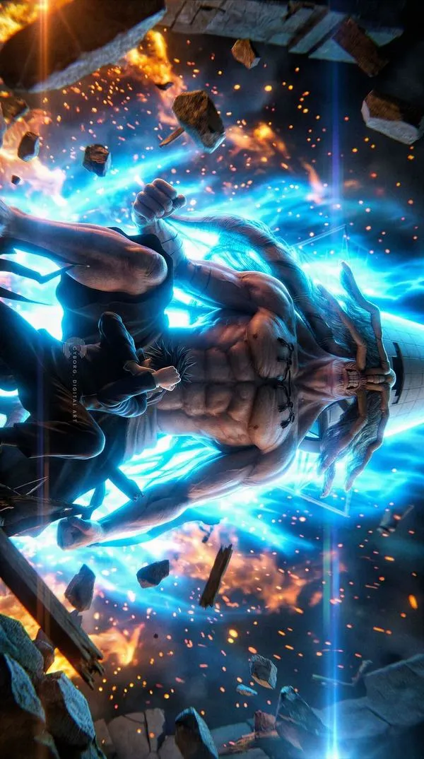 Hình Mahito méo dạng trong lãnh địa triển khai, họa tiết siêu thực, điểm nhấn đỏ tím, cảm giác bất an