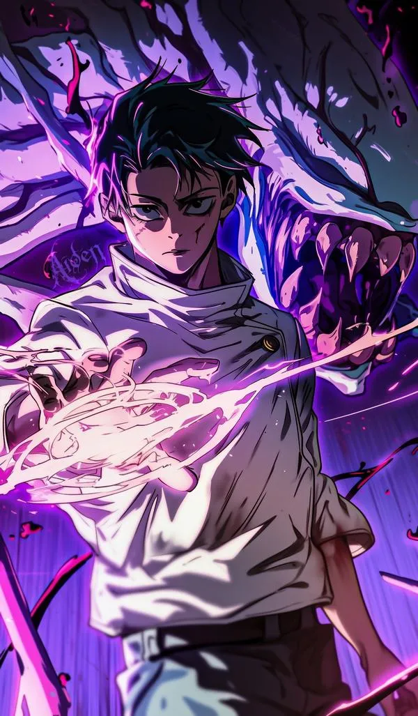 Ảnh Yuji Megumi Nobara tạo đội hình, nền hành lang trường học, ánh ngược sáng, cảm giác chuẩn trận