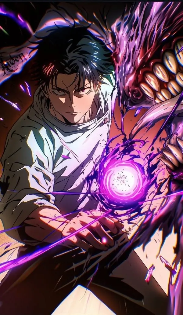 Ảnh Itadori Yuji lao tới, khoảnh khắc Hắc thiểm lóe sáng, hạt bụi bay, nền thành phố vỡ vụn