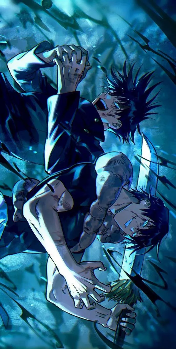 Ảnh Gojo trong nền băng bụi, hạt sáng rơi, phối màu xanh đen, không khí lạnh, hợp dùng ban đêm